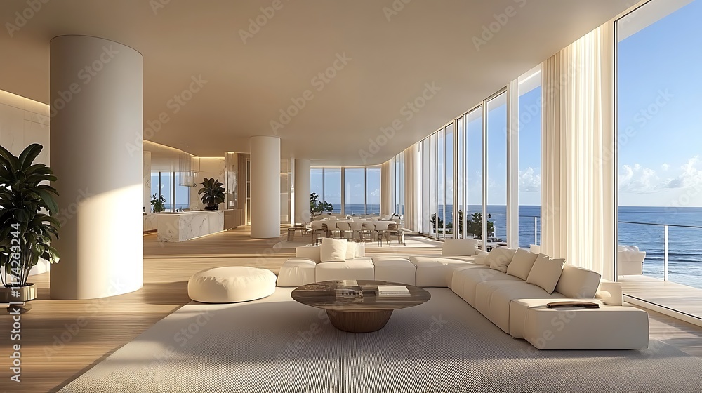 Modern coastal living room design beachfront interior sunlit serenity