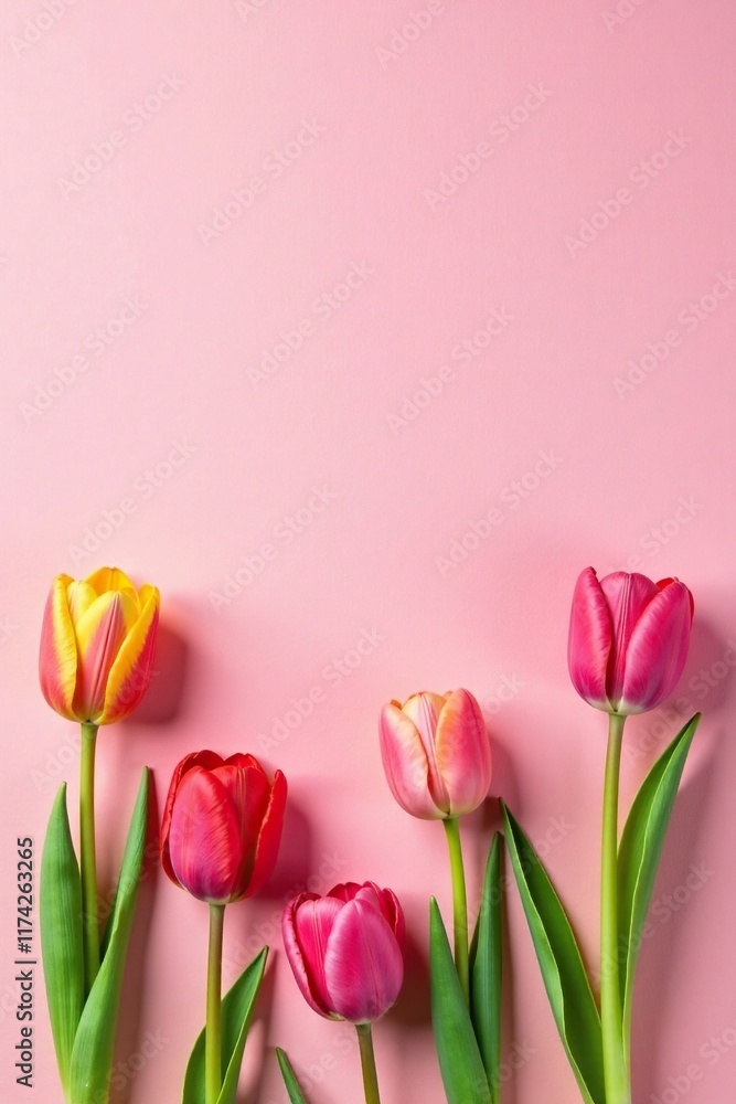 Tulip stems and leaves scattered on a soft pink background with subtle texture, colorful, pink Tulip stems and leaves scattered on a soft pink background with subtle texture, colorful, pink