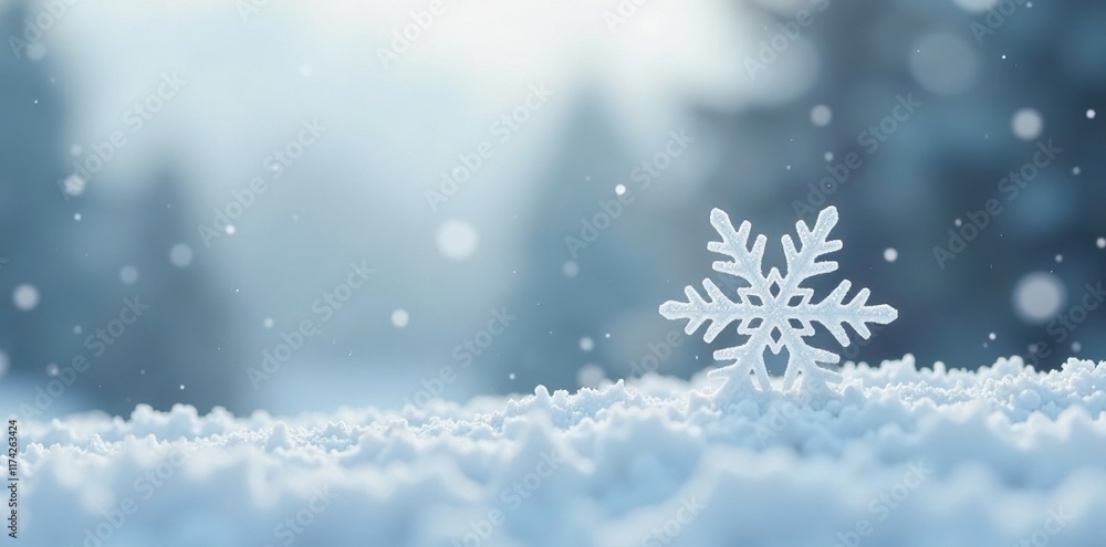Snowflake gently falls from gray sky on a white snowy surface, delicate flakes, light clouds, gentle snowfall Snowflake gently falls from gray sky on a white snowy surface, delicate flakes, light clouds, gentle snowfall