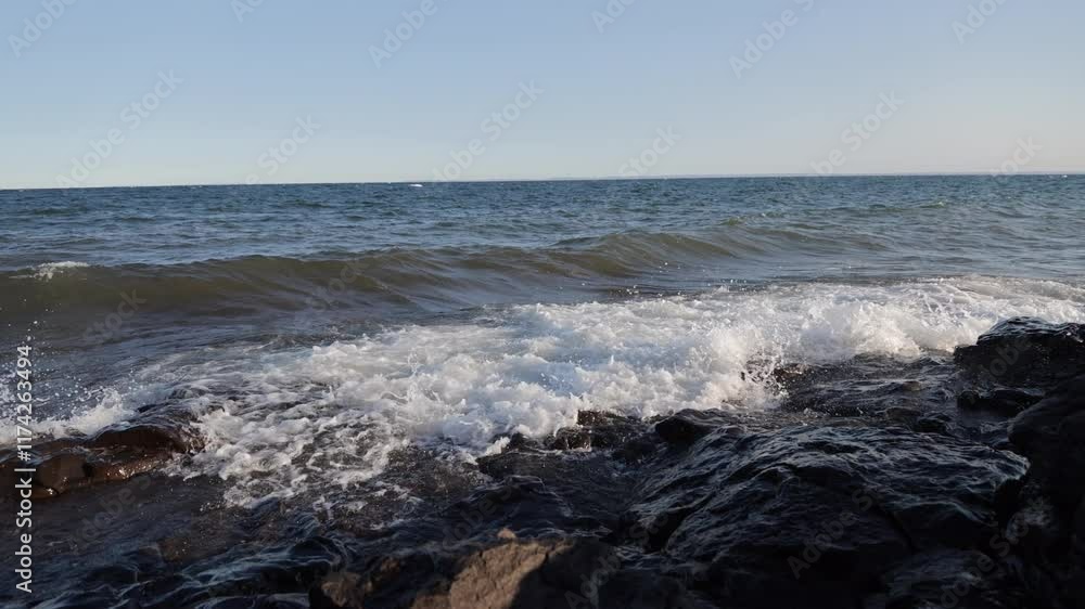 Crashing Waves on Lake Superior, Minnesota, United States Rocky Shore at Sunset 4K Crashing Waves on Lake Superior, Minnesota, United States Rocky Shore at Sunset 4K