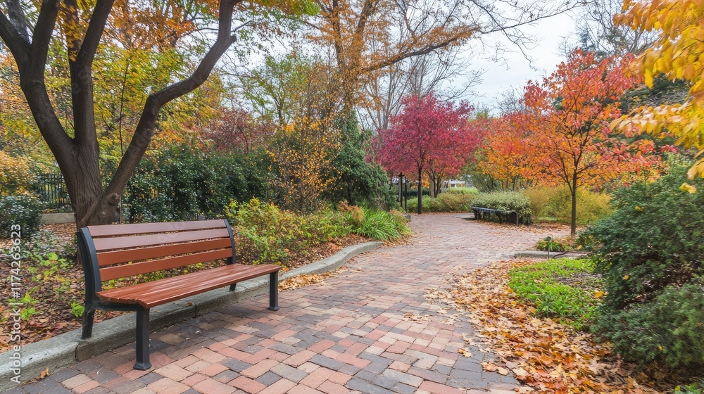 Autumn park scene featuring a bench surrounded by vibrant foliage and colorful trees in a tranquil setting Autumn park scene featuring a bench surrounded by vibrant foliage and colorful trees in a tranquil setting