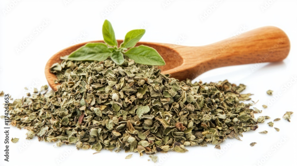 Pile of dried oregano leaves with wooden spoon isolated on white background 