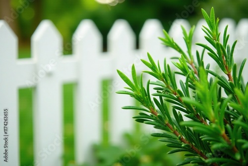 Clipped back rosemary near white picket fence, gardening tool, garden, rosemary photo