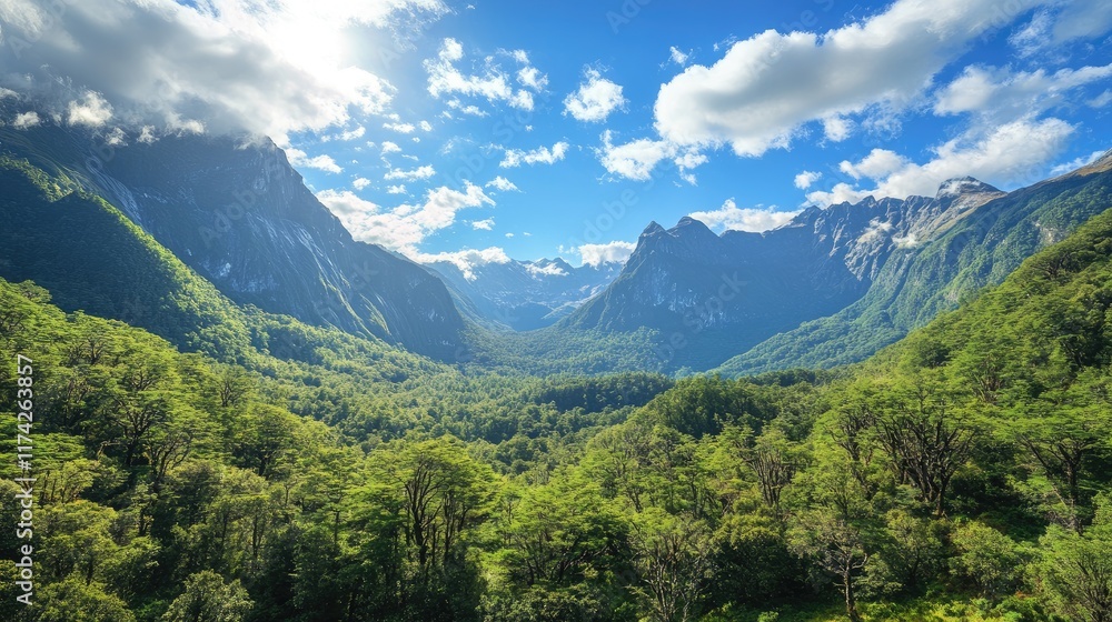 Fototapeta premium Majestic mountain landscape with lush forests under a vibrant blue sky and clouds showcasing nature's beauty and tranquility.
