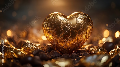 Glowing Chocolate Heart Nestled in Shimmering Gold Foil Wrappers Luxurious Valentine s Day Still Life photo