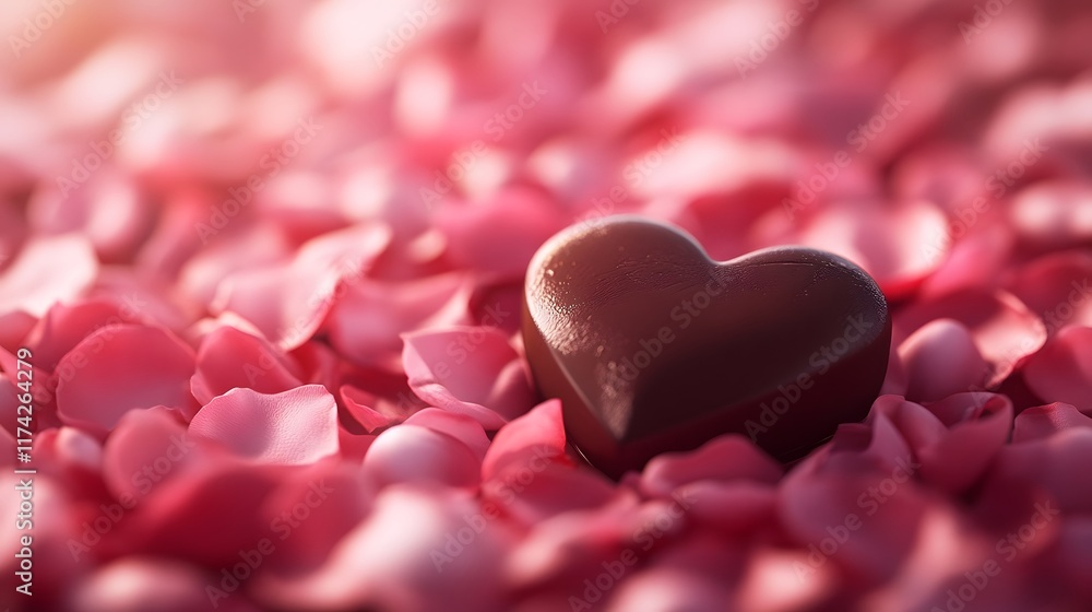 Fototapeta premium Heart Shaped Chocolate Bonbon Nestled in Delicate Rose Petals with Soft Warm Glow
