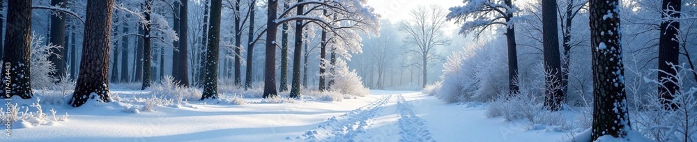 Frosty forest landscape with bare trees and snow-covered ground, snow, cold Frosty forest landscape with bare trees and snow-covered ground, snow, cold