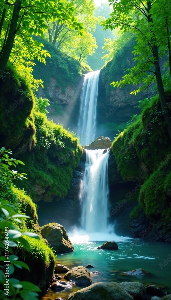 Emerald cascade flows gently down forested slope, green, nature, lush Emerald cascade flows gently down forested slope, green, nature, lush