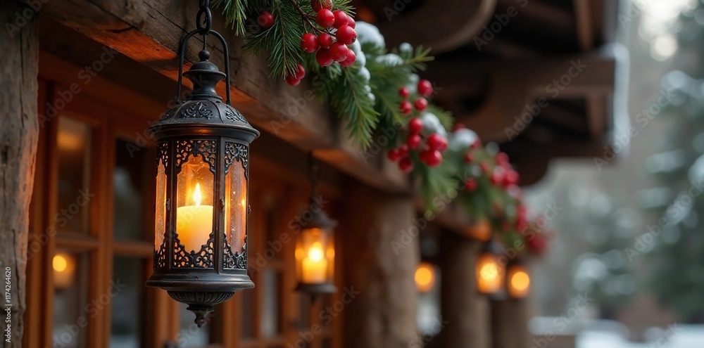 Ornate metal lanterns hanging from a rustic wooden beam adorned with red berries, rustic decor, wooden beams, autumn winter Ornate metal lanterns hanging from a rustic wooden beam adorned with red berries, rustic decor, wooden beams, autumn winter