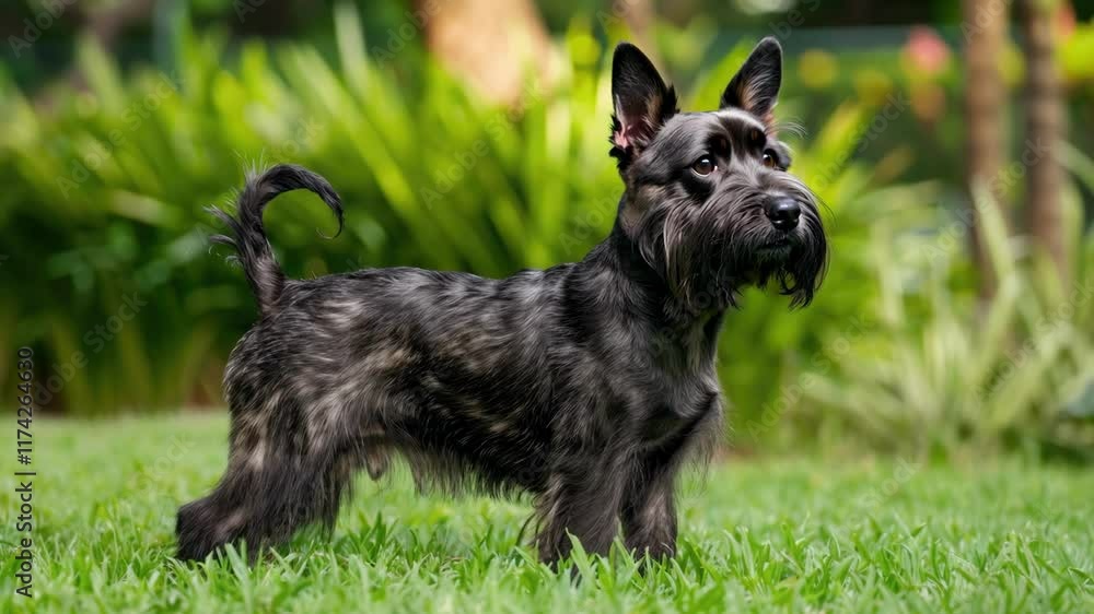 Adorable schnauzer standing in green garden on a sunny day. Scottish Terrier AI Adorable schnauzer standing in green garden on a sunny day. Scottish Terrier AI