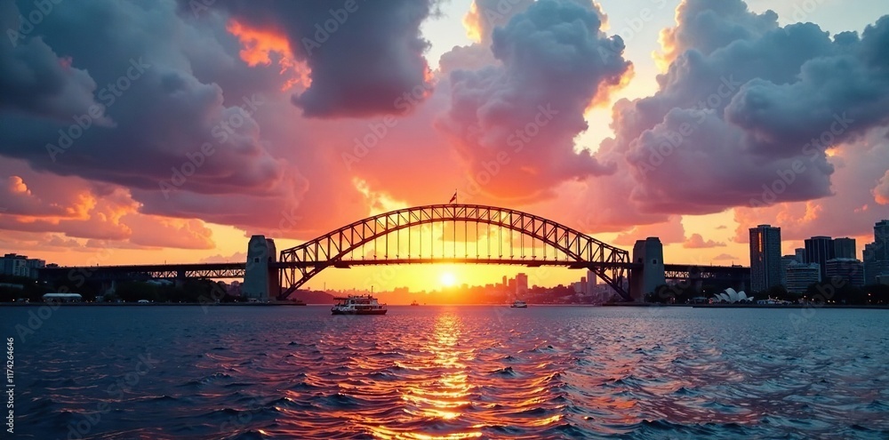 Naklejka premium Dawn breaks over the Harbour Bridge with majestic clouds, landscape, bridge, harbour