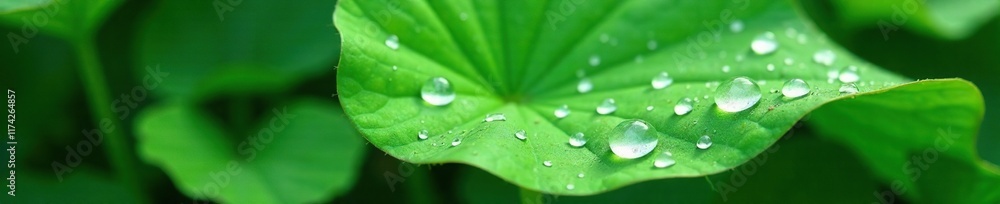Fresh water droplets sit atop a large green leaf surface, water droplets, botanical Fresh water droplets sit atop a large green leaf surface, water droplets, botanical