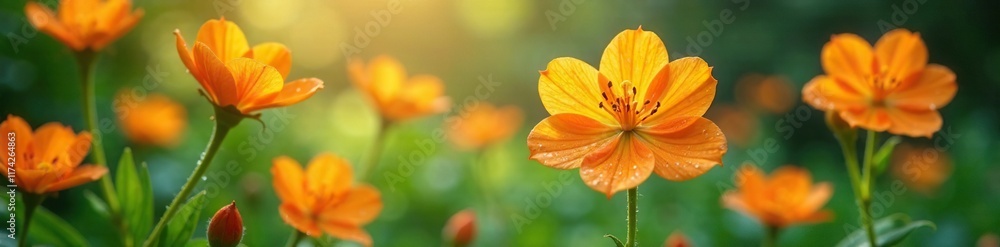 Dew-kissed orange blossoms dance in morning breeze, garden, dew Dew-kissed orange blossoms dance in morning breeze, garden, dew