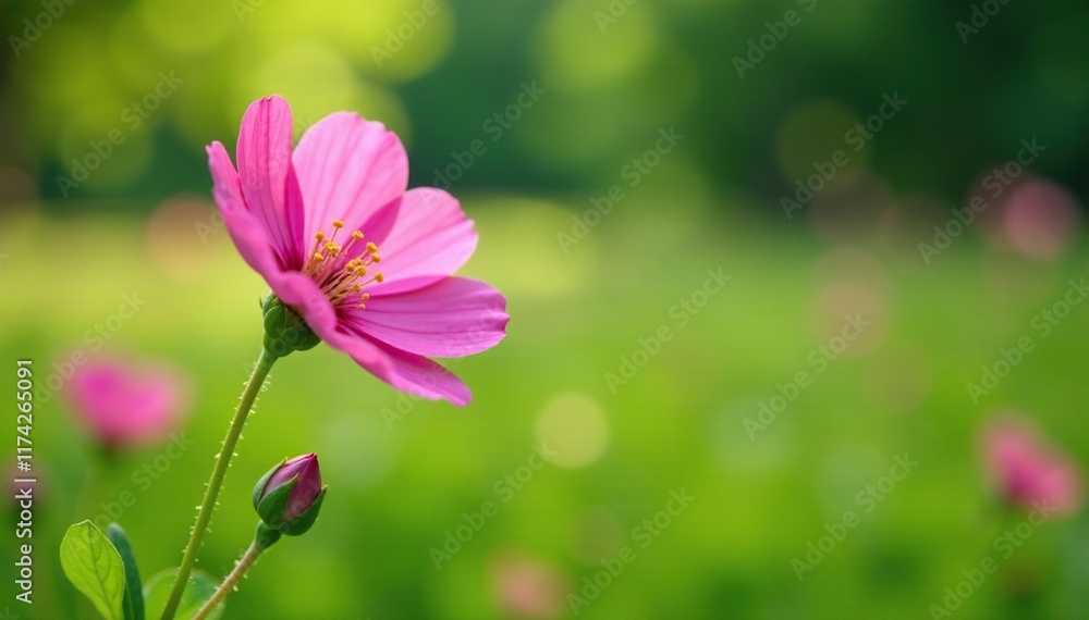 Fototapeta premium Pink flower of mallow grows in a lush green meadow, meadow, blossom, flora