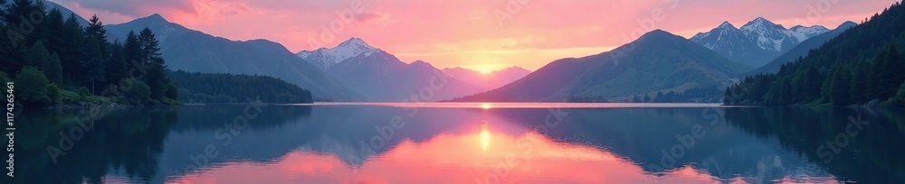 Fototapeta premium Misty dawn breaks over the tranquil lake with a stunning mountain backdrop, lake, mountains, serene landscape