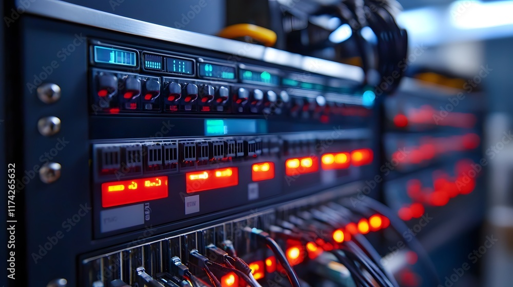 Naklejka premium Digital Data Transfer Conceptual with Servers and Cables in Rack