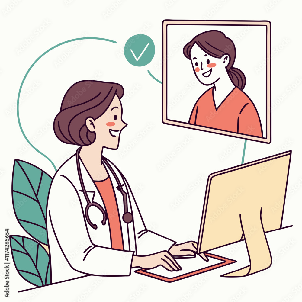 A friendly female doctor smiles during an online consultation with a patient displayed on her computer screen A friendly female doctor smiles during an online consultation with a patient displayed on her computer screen