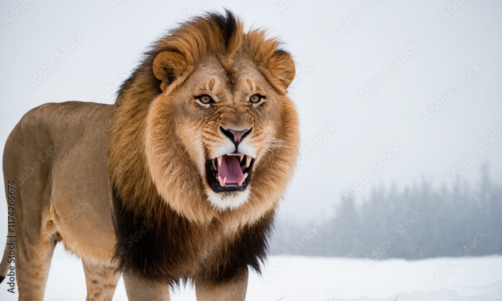 Obraz premium 포효하는 사자 겨울철 눈밭에 서있다