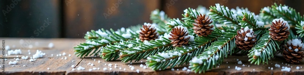 Snow-covered branch arrangement on a wooden table, pine branch decor, natural elements, rustic decor Snow-covered branch arrangement on a wooden table, pine branch decor, natural elements, rustic decor