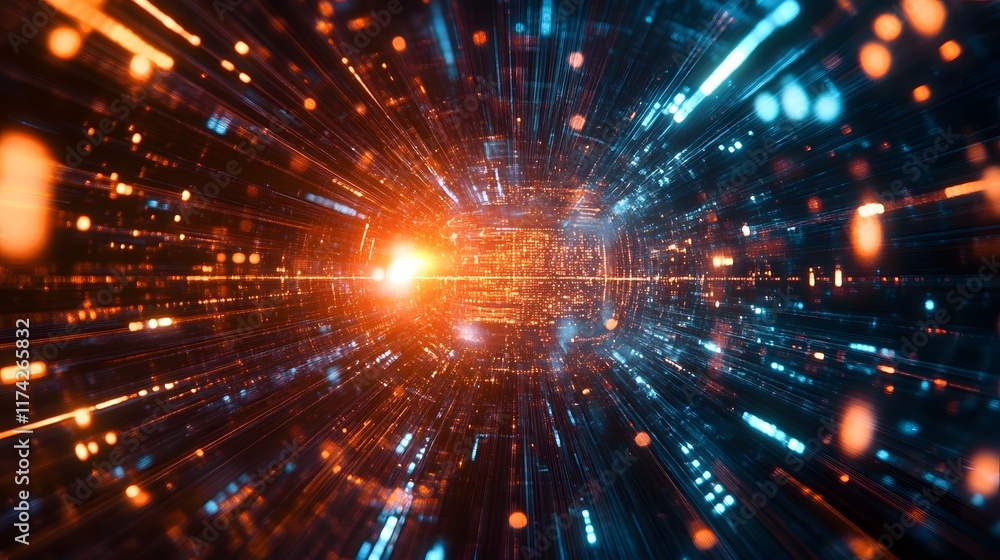 Obraz premium Vibrant Digital Data Transfer Explosion of Illuminating Particles and Rays in a Futuristic Interstellar Background