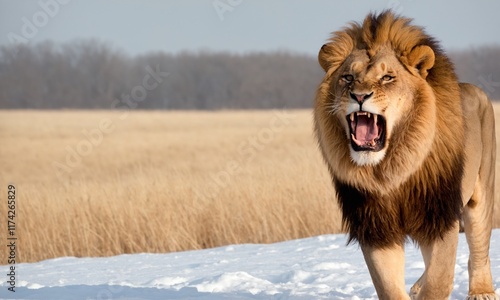 포효하는 사자 겨울철 눈밭에 서있다