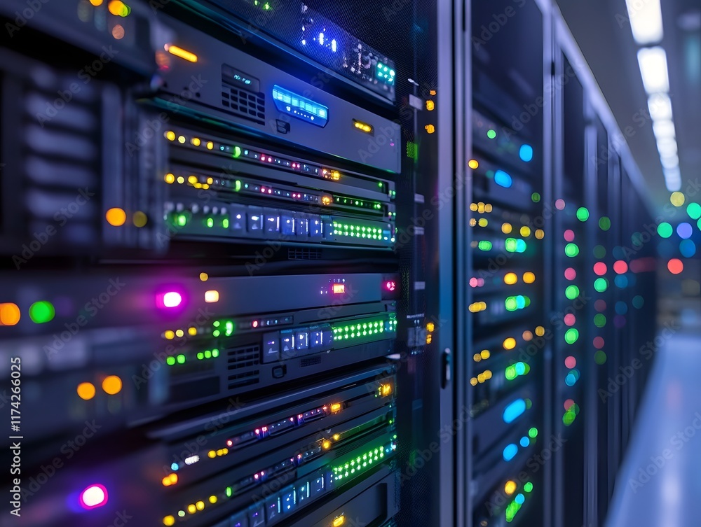 Vibrant Digital Data Transfer in Data Center with Blinking Lights Vibrant Digital Data Transfer in Data Center with Blinking Lights