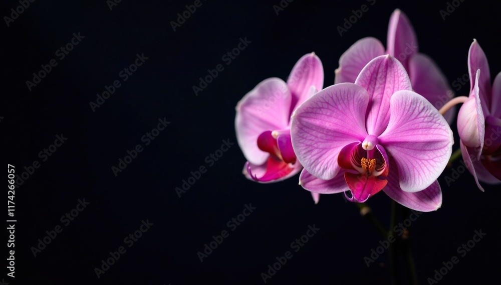 Naklejka premium Delicate orchid blooms on dark velvet backdrop, orchids, black background
