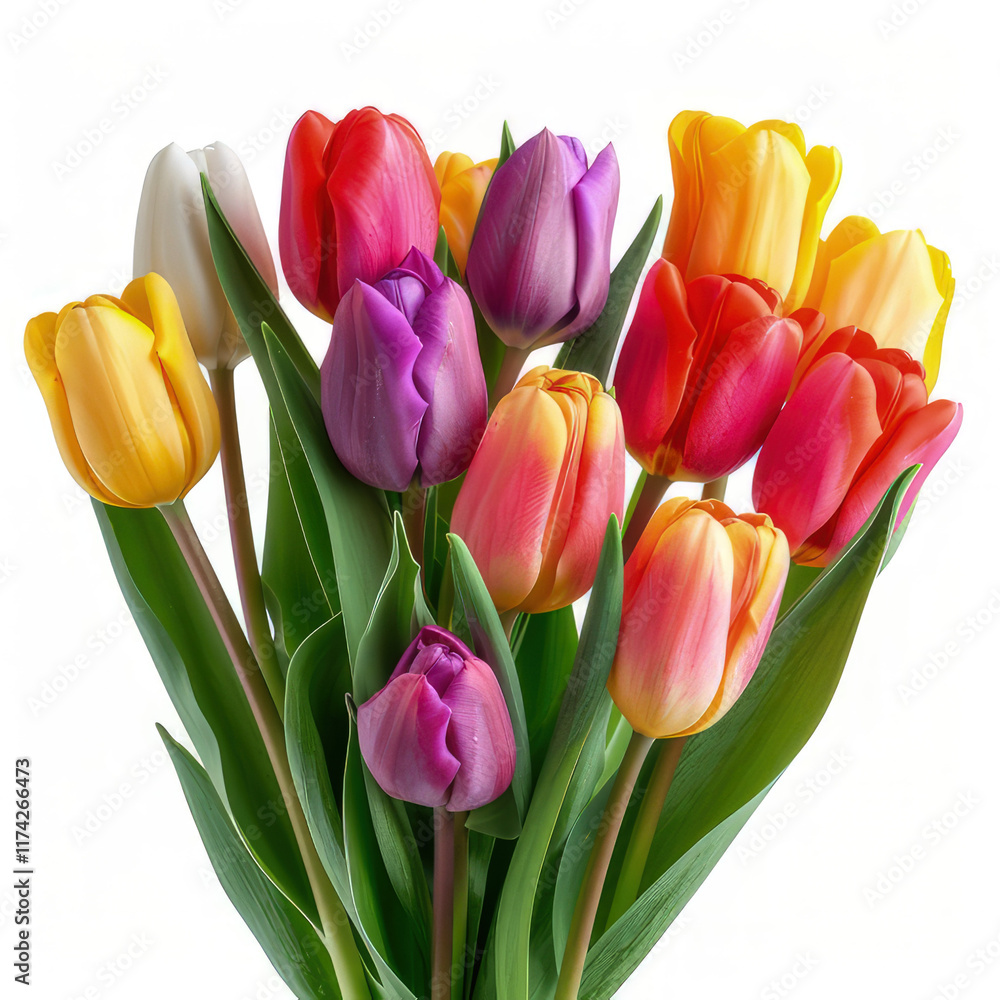 A vibrant bouquet of tulips in various colors, symbolizing beauty and spring. isolated on white background A vibrant bouquet of tulips in various colors, symbolizing beauty and spring. isolated on white background