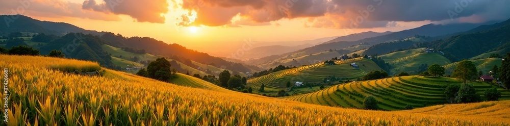 Fototapeta premium Rice paddies stretch into the sky with golden terraces, nature, sunset, hills