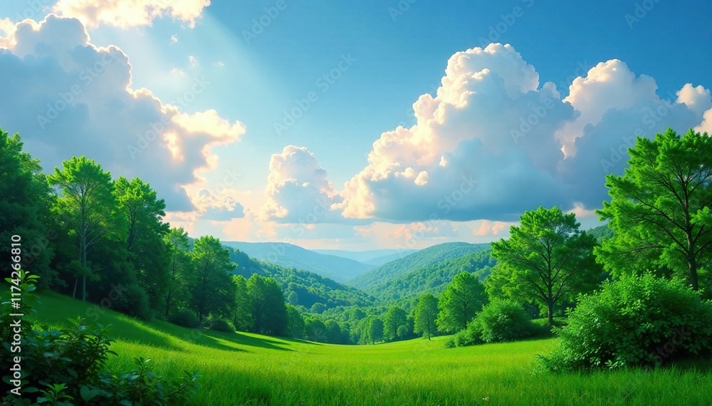 Lush greenery and trees in the foreground of a cloudy blue sky with a hint of orange, forest, trees Lush greenery and trees in the foreground of a cloudy blue sky with a hint of orange, forest, trees