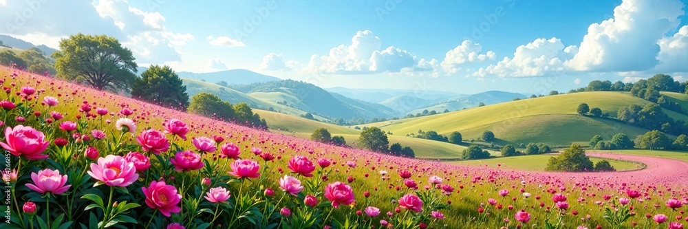 Rolling hills with peony flowers blooming in every color of the rainbow, colors, blue sky Rolling hills with peony flowers blooming in every color of the rainbow, colors, blue sky