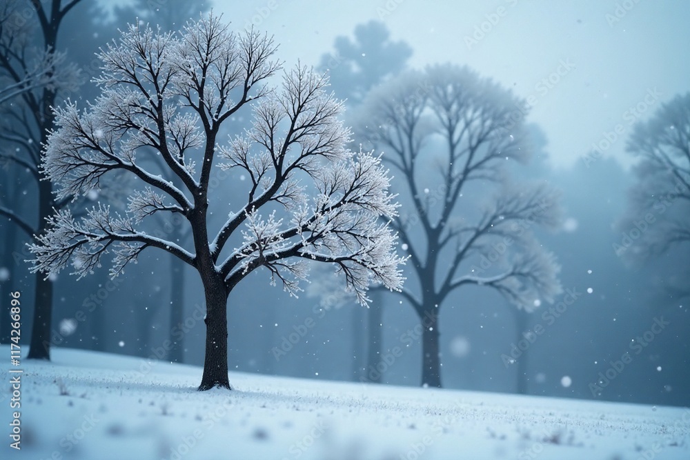 Snowflakes fall gently on a lone tree's branches, snowfall, serene, peaceful Snowflakes fall gently on a lone tree's branches, snowfall, serene, peaceful