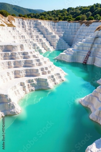 Travertine terraces rising from a pool of blue-green water in Pamukkale, natural wonders, blue color, carbonate minerals