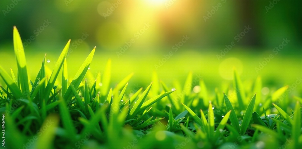 Obraz premium Gentle morning dew sparkles on lush green grass, nature, sunlight, morning