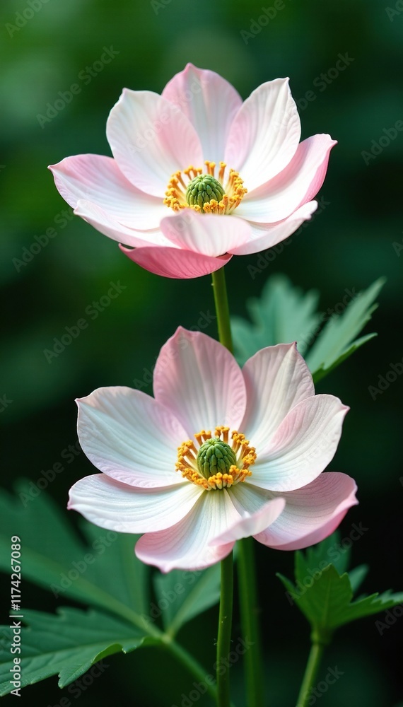 Delicate white pink anemone flowers with intricate details on a lush green background, botanical, blossoms Delicate white pink anemone flowers with intricate details on a lush green background, botanical, blossoms