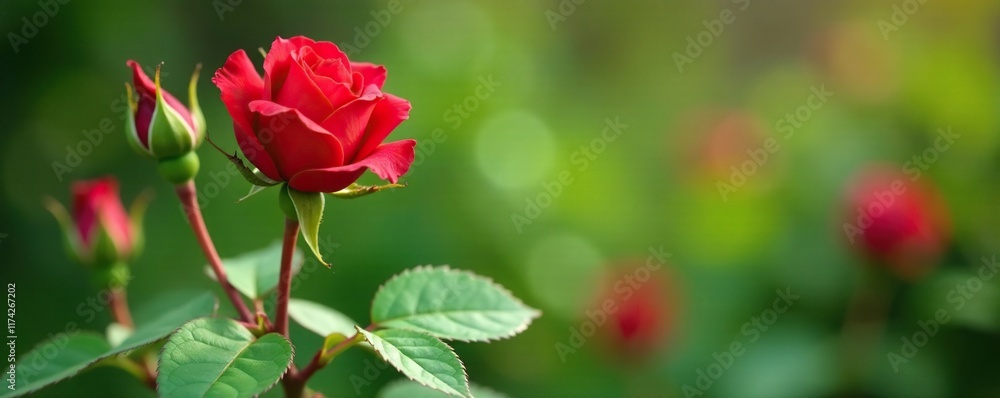 Green leaves and tender buds emerging from a red rose stem, rose garden, garden Green leaves and tender buds emerging from a red rose stem, rose garden, garden