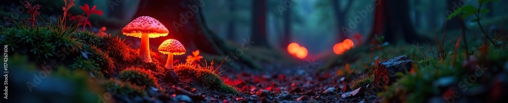 Red and orange hues illuminate a hidden forest pathway, glowing mushrooms, fungi, shadows Red and orange hues illuminate a hidden forest pathway, glowing mushrooms, fungi, shadows