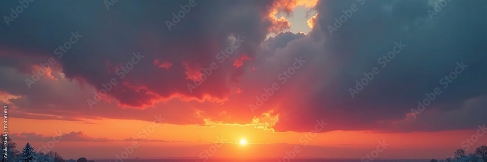 Fototapeta premium Dense grey clouds above orange hues of a winter sunset, texture, atmosphere, sunset