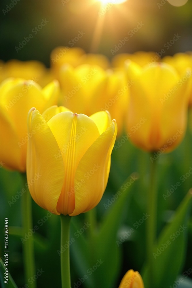 Fototapeta premium Soft petals of tulips gently swaying in breeze, yellow, evening, bloom