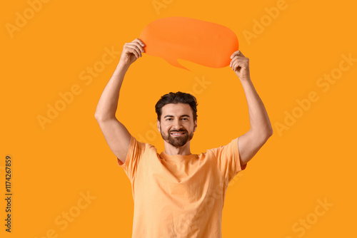 Young man with blank speech...