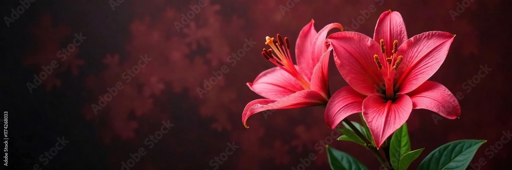 Fototapeta premium Exotic Josephine pink lily against bright red, flowers, blooming, red color