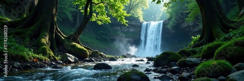 Dark forest with a cascading waterfall in the distance, moving, waterfall © Temteen