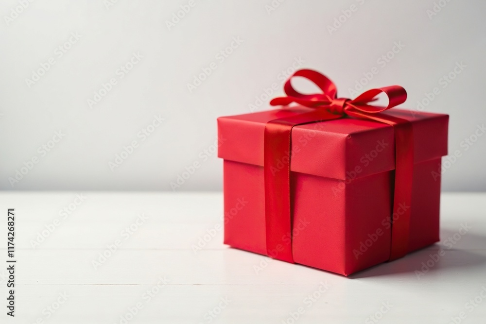 Red rectangular gift box on a table with red ribbon and white background, gift presentation, decoration Red rectangular gift box on a table with red ribbon and white background, gift presentation, decoration
