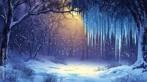 Captivating winter scene of a snowy forest landscape under a starry night sky with glowing icicles hanging from the branches and a mystical fairytale like atmosphere photo