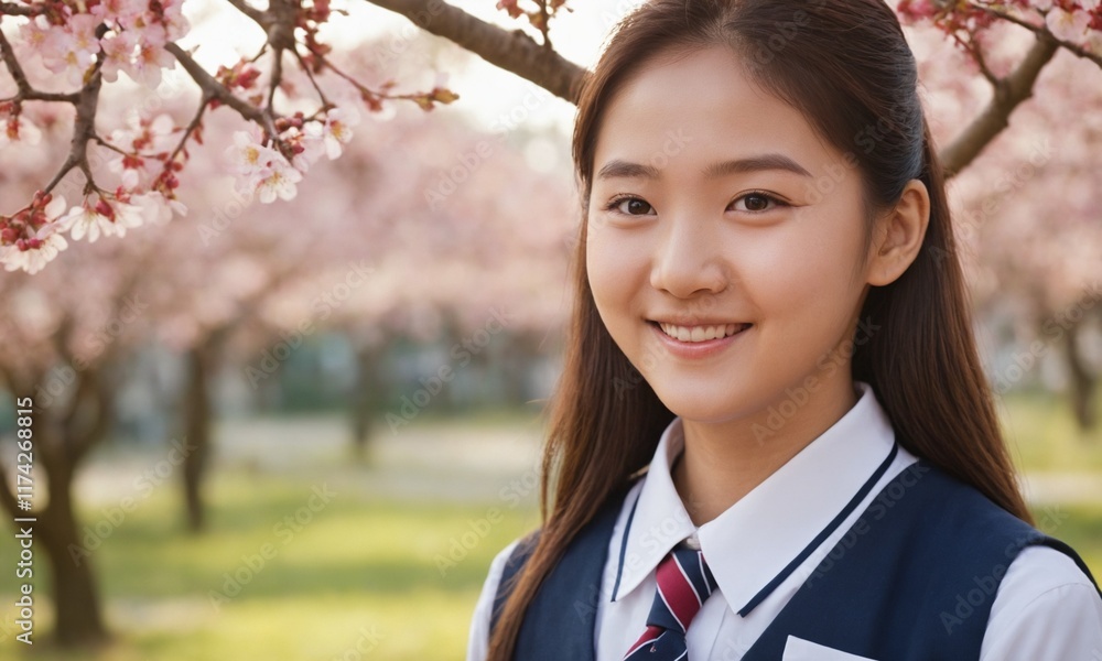 한국 여고생 예쁜 꽃나무 앞에 서있다.