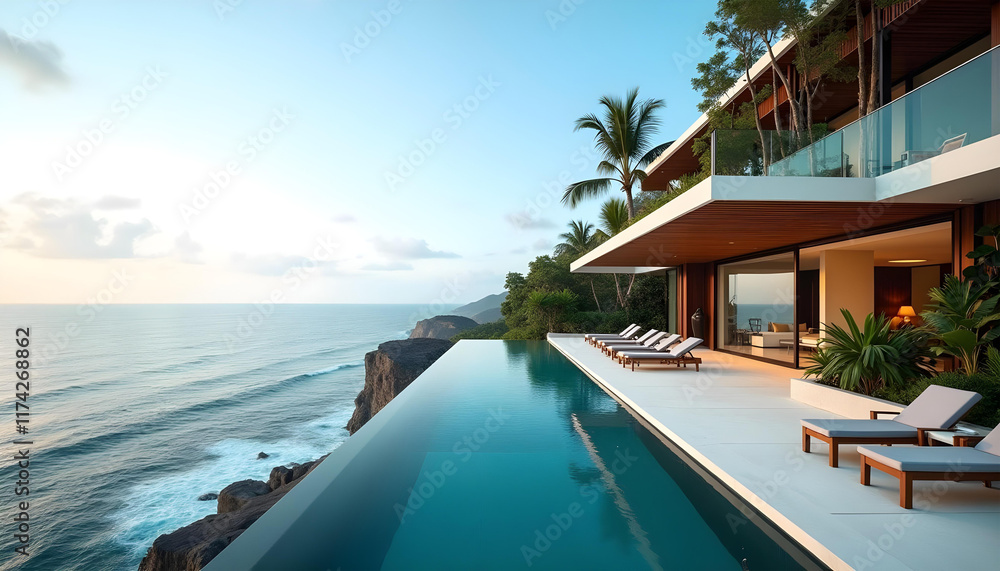 Luxurious villa infinity pool ocean travel background Luxurious villa infinity pool ocean travel background