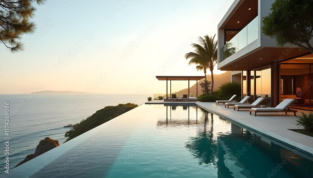 Luxurious villa infinity pool ocean travel background