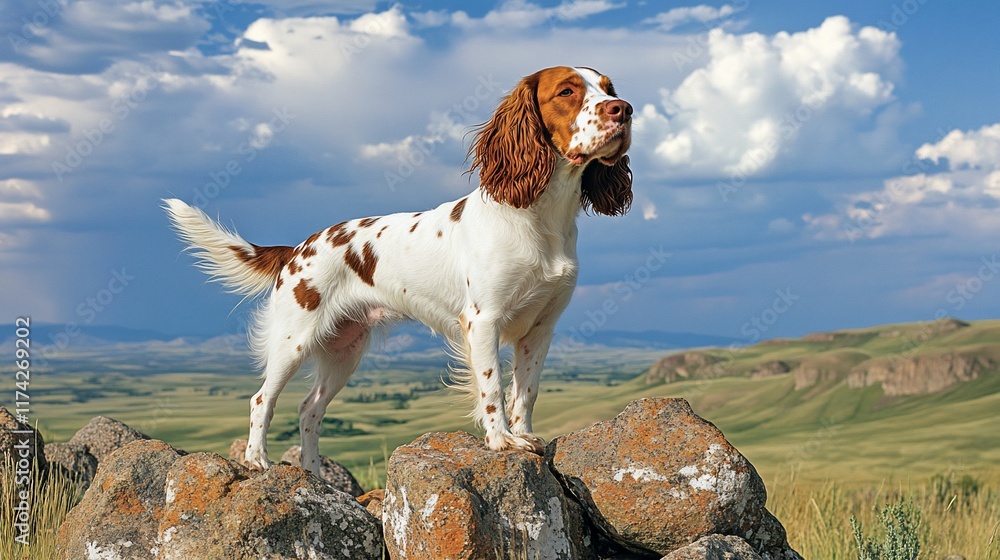 Springer Spaniel on rocks, scenic hills. Pet, nature, outdoor, landscape, summer Springer Spaniel on rocks, scenic hills. Pet, nature, outdoor, landscape, summer