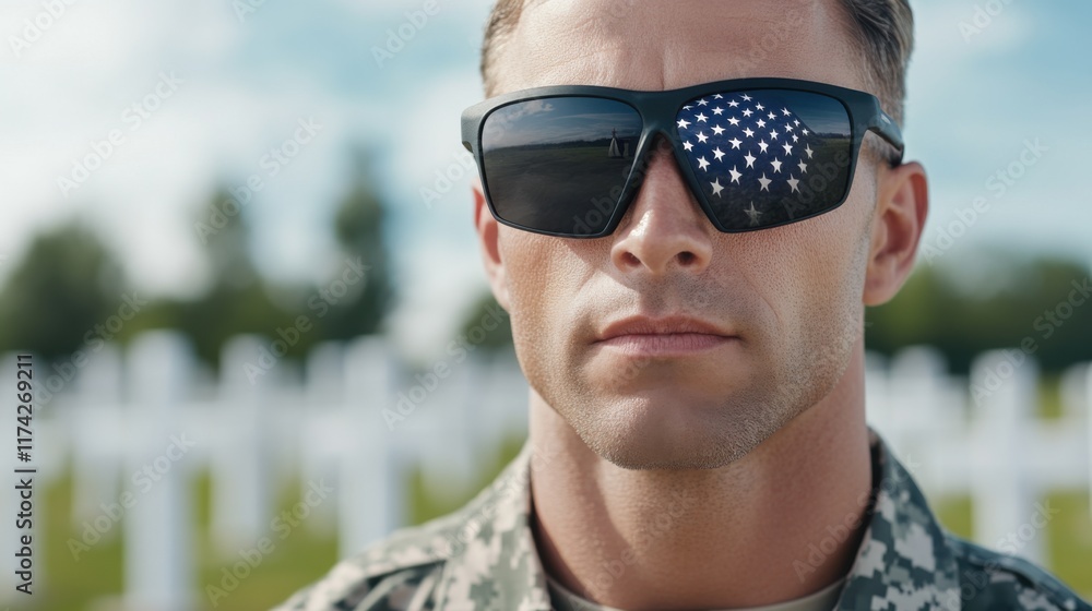 Soldier in Sunglasses with Reflection of Flag at Military Cemetery during Bright Sunny Day Soldier in Sunglasses with Reflection of Flag at Military Cemetery during Bright Sunny Day