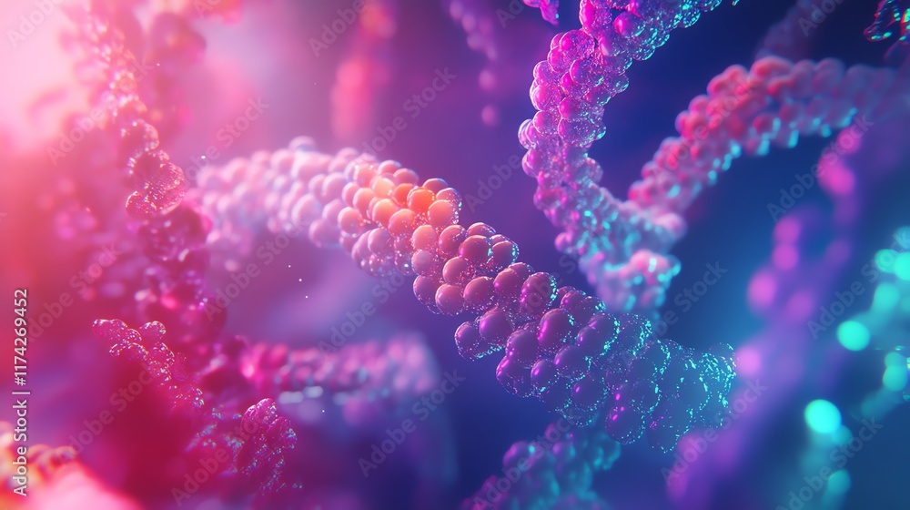 Advanced biotechnology illustration with DNA synthesis, replication, and mutation, vibrant glowing strands, and customizable copy space for integration Advanced biotechnology illustration with DNA synthesis, replication, and mutation, vibrant glowing strands, and customizable copy space for integration